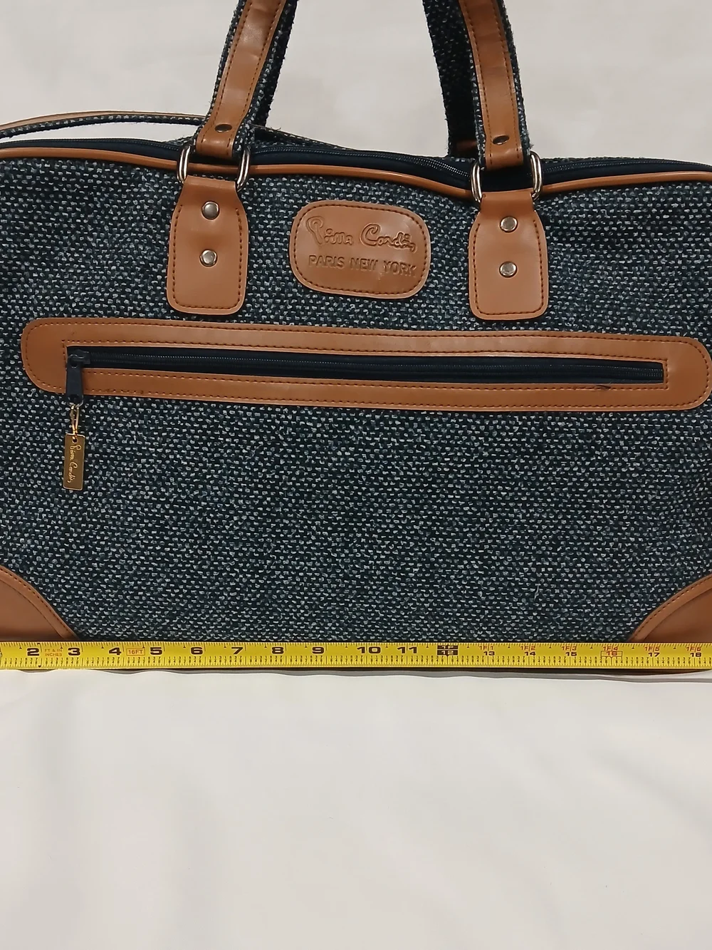 Vintage Pierre Cardin Tweed Weekender Duffel Travel Bag Blue Tan Leather Trim